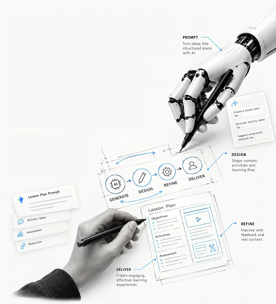Ilustrasi tangan robot dan tangan manusia merancang workflow AI: Generate, Design, Refine, Deliver