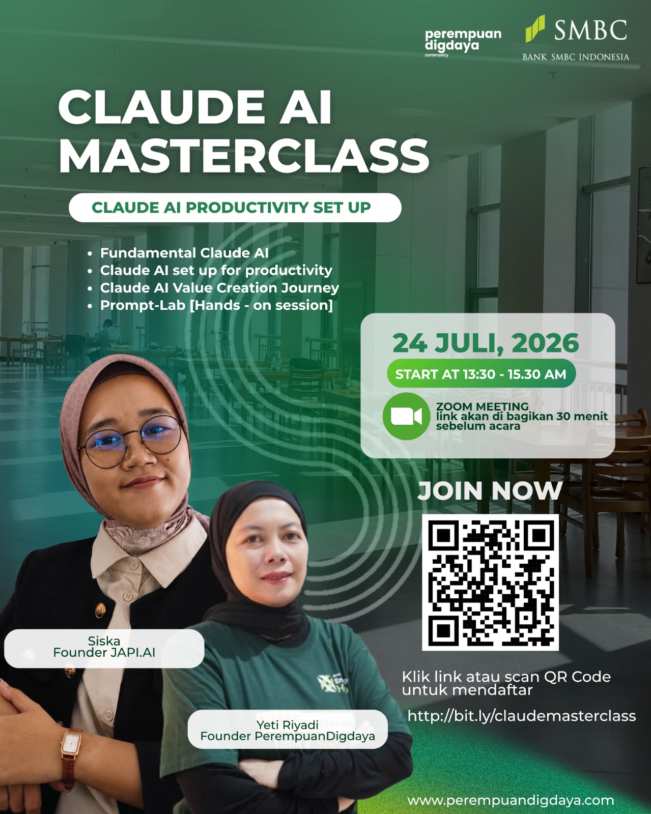 Claude AI for Productivity class by daya.id, supported by SMBC, with Komunitas Perempuan Digdaya and UMKM