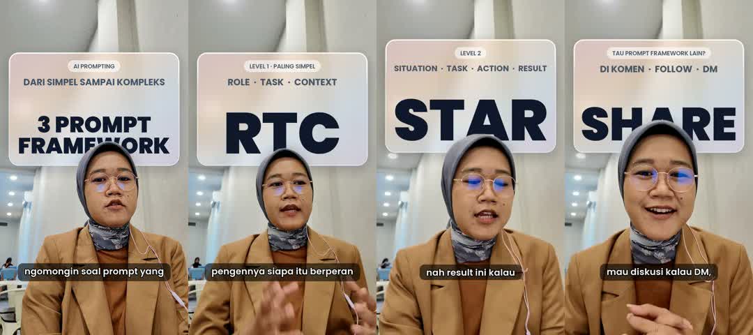 Lembar cek berisi 4 frame contoh dari video 3 Prompt Framework dengan kartu RTC, STAR, dan SHARE